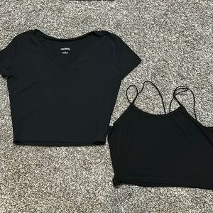 Black cropped V neck and Black strappy tan